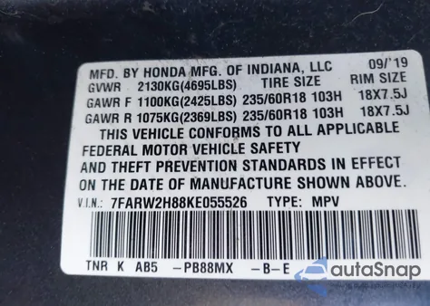 2019 Honda Cr-V Ex-L from USA, damaged, VIN 7FARW2H88KE055526